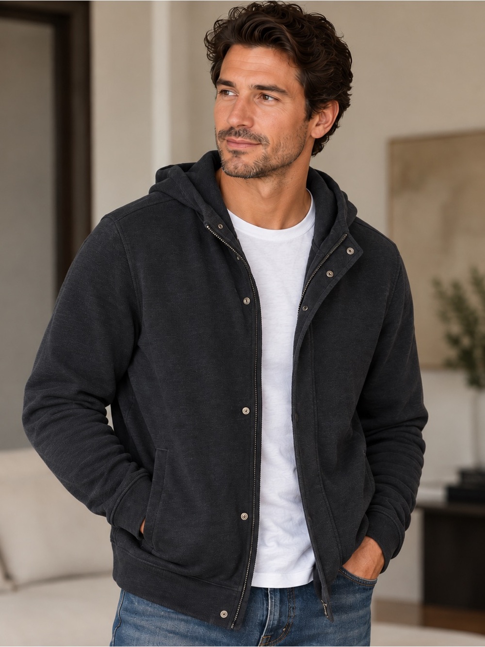 Theory Black 100% Cotton Hooded Zip Jacket Size M